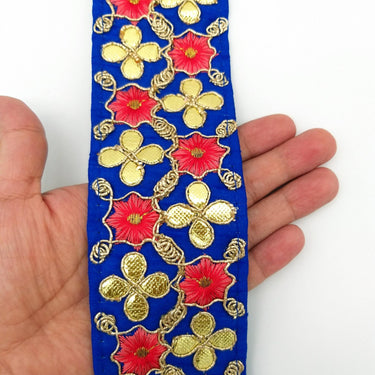 Royal Blue Art Silk Fabric Trim, Salmon Pink & Gold Floral Embroidery Gota Patti Indian Sari Border Trim By Yard Decorative Trim Craft Lace